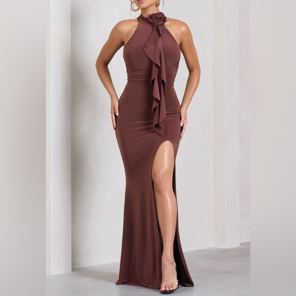 Club L London Dresses & Skirts - Club L London Chocolate Brown Ruched halter-neck split maxi dress w/ flower